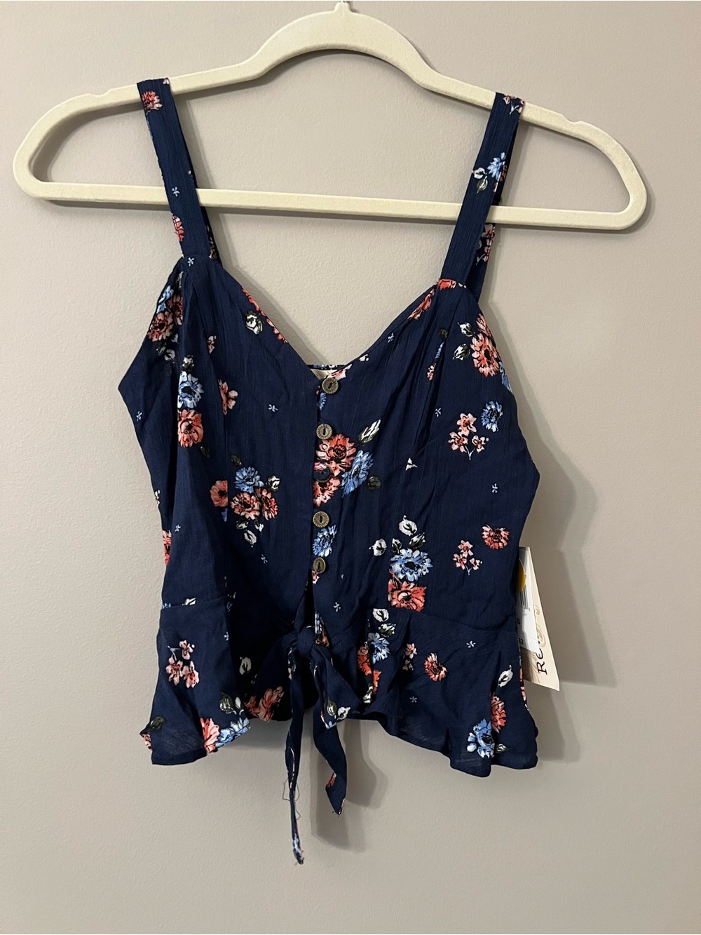 Rewind Navy Floral Button-Front Tie Waist Top - Picture 2 of 5